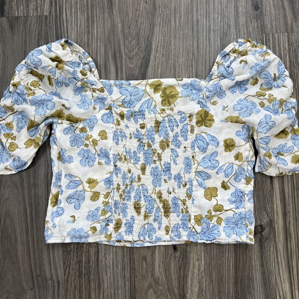 Joie Linen Linen Puff Sleeve Shirred Blue White Floral Blouse Size XL - Picture 5 of 6